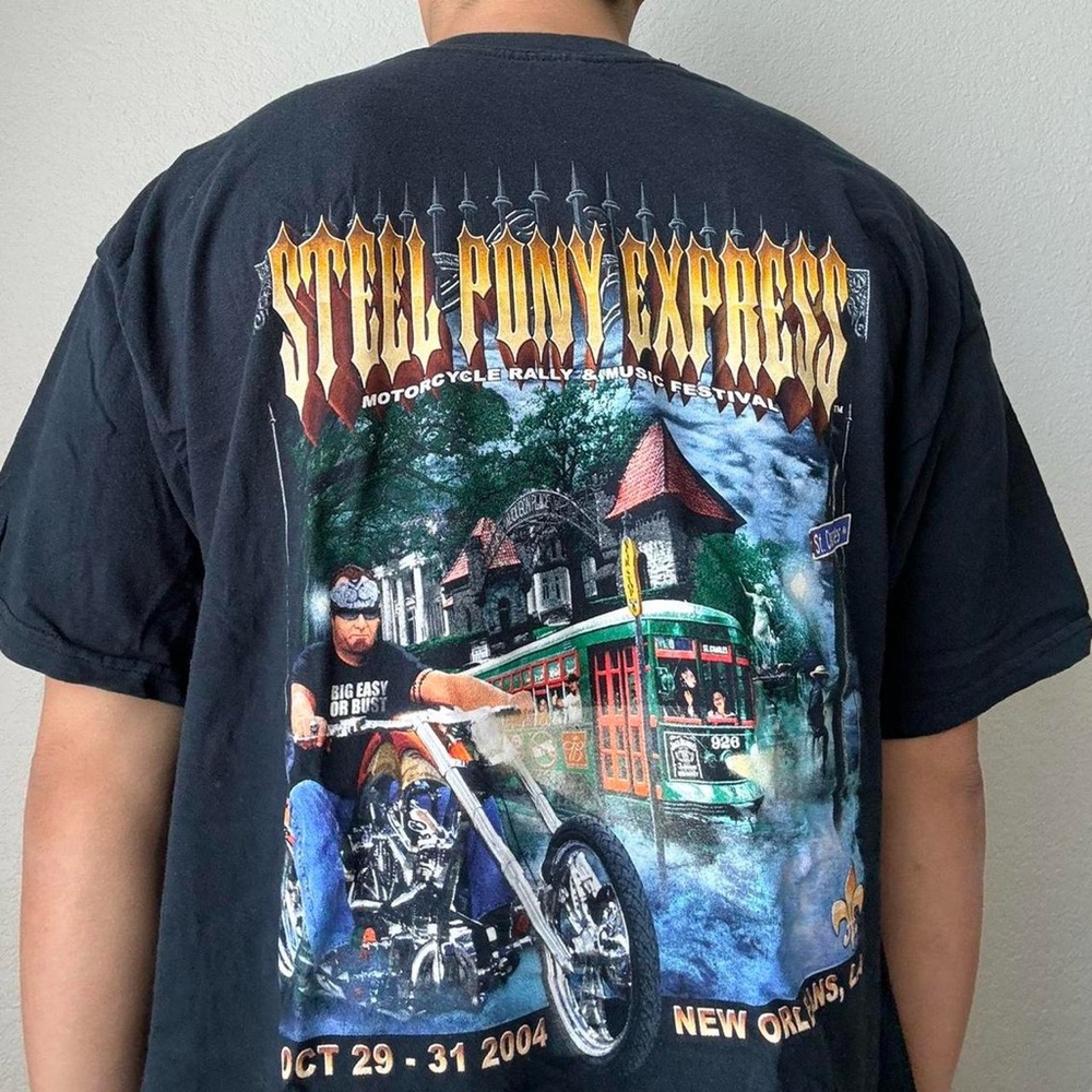 Vintage 2004 Steel Pony Express Motorcycle Graphics Black Tee Shirt